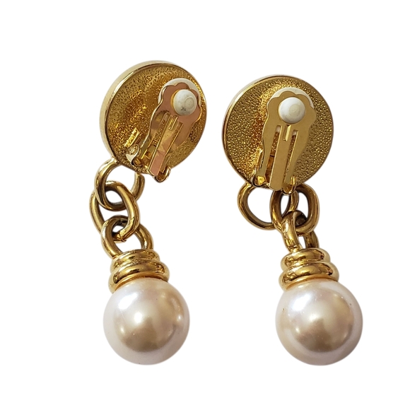 Pearl and Gold Drop Clip Earrings - Picture 2 of 9